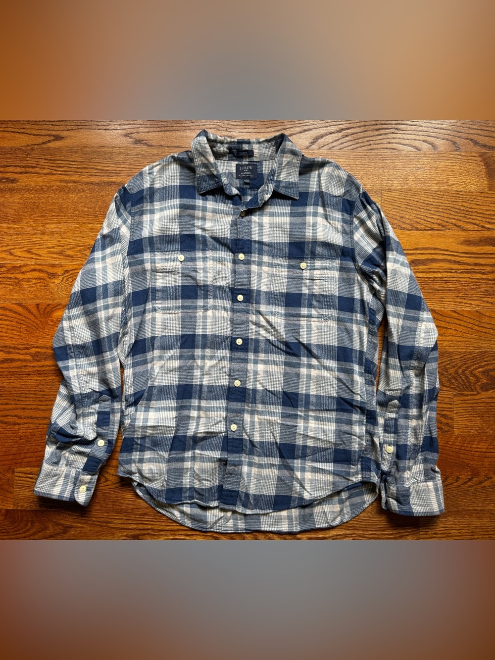 J.Crew Men’s Large Slim Fit Flannel Shirt Blue Gray Plaid Cotton Button Up